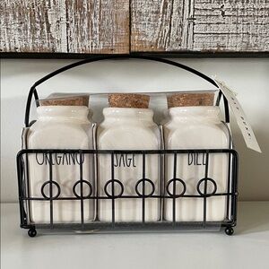 Rae Dunn Cream Ceramic Spice Jars with Cork Lids and Black Wire Rack
